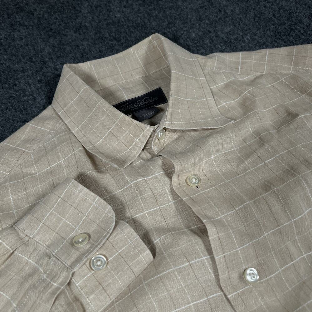 Brooks Brothers 100% Linen Mens Brown Plaid Long Sleeve Button Up Shirt Italy